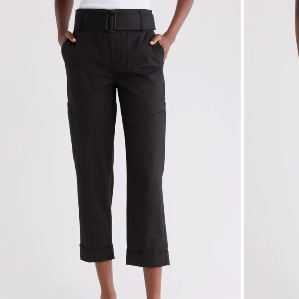 Vince Womens L Linen Belted Cropped Straight Leg Side Pocketed Pants Black